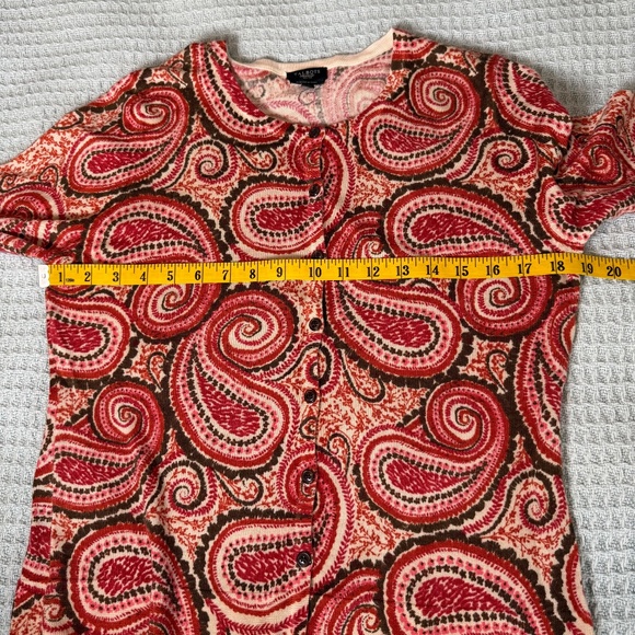 Talbots 100% Merino Wool Cardigan Sweater Womens Petite Medium Brown Red Paisley - Picture 6 of 8